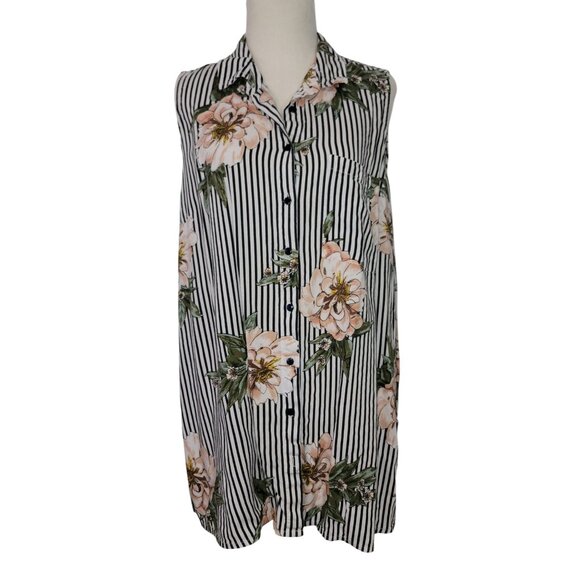 Sleeveless Floral & Stripe Button Down Blouse Collared Tunic XL By Live 4 Truth - Picture 1 of 12